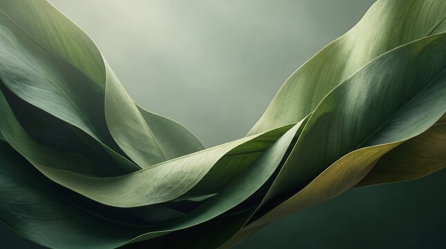 Artistic close-up composition of overlapping green tropical leaves with soft natural lighting, rich botanical textures and a calm organic atmosphere.