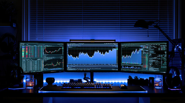 Home office setup for professional trading at night
