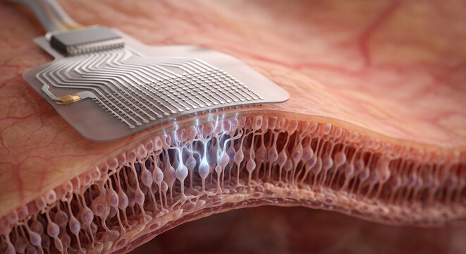 Photorealistic Cutaway of a Bioelectronic Microchip Interfacing with Glowing Neural Tissue