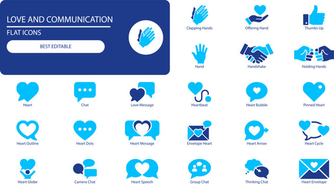 Love and communication solid glyph icons set. Minimal vector collection of heart, handshake, chat and social symbols for app and web design
