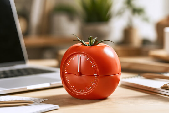 Timer sits on desk next to laptop used for Pomodoro technique