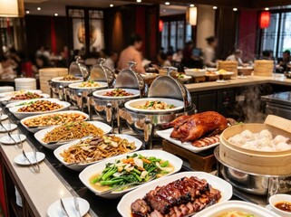 Fototapeta premium Abundant Chinese Buffet Spread with Roasted Meats and Steamed Dumplings.