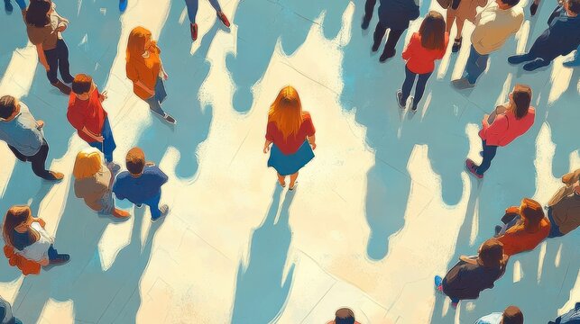 Top-down view of a solitary woman in a scattered crowd bathed in warm sunlight, long dramatic shadows and pastel tones evoking isolation and introspection