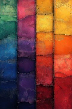 Vibrant layered vertical panels of cracked paint and torn textured surfaces in warm and cool color gradients, energetic and dramatic abstract composition