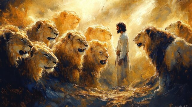 A calm robed man standing peacefully among a circle of majestic golden lions bathed in warm luminous light, evoking awe and serenity