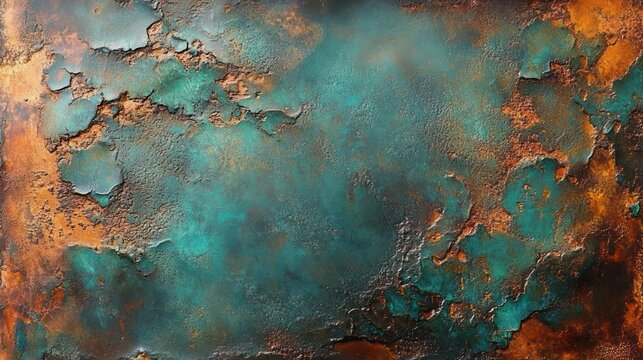 weathered metal panel with turquoise-teal patina and coppery orange rust, peeling cracked paint, flaking corroded layers and rough gritty texture conveying an aged, melancholic industrial mood