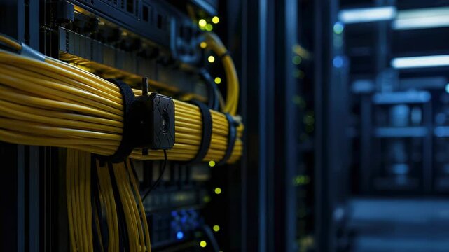 Fiber Optic Network Cable Bundle in Server Rack, Data Center Corridor Showing Secure Connectivity and Modern Network Infrastructure Equipment