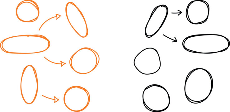 Hand drawn infographic flowchart design elements with colorful circular shapes and directing arrows.