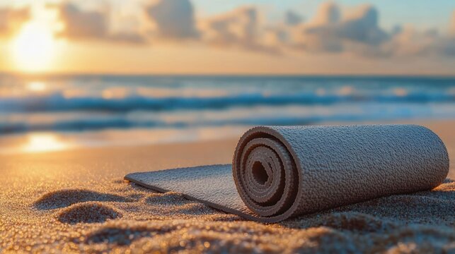 rolled yoga mat on sunlit sandy beach at sunrise with gentle ocean waves, golden glow and tranquil peaceful mood