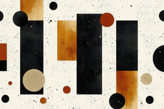 abstract geometric composition of textured black and rust vertical rectangles with beige and black circles and paint splatters on a cream background, calm balanced mood