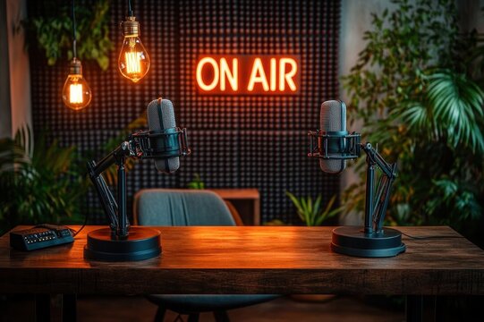 warm cozy podcast studio with two microphones on a wooden table, glowing on air neon sign, hanging vintage bulbs, acoustic foam and indoor plants, inviting intimate broadcast atmosphere