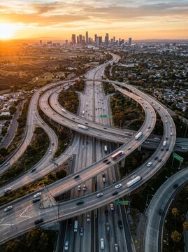 Aerial View of a Complex Highway Interchange at Sunset with City Skyline.