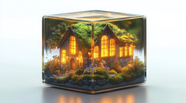 Cozy miniature moss-roof cottage inside a glass cube terrarium with glowing windows, stone steps and lush plants, enchanting warm and whimsical atmosphere
