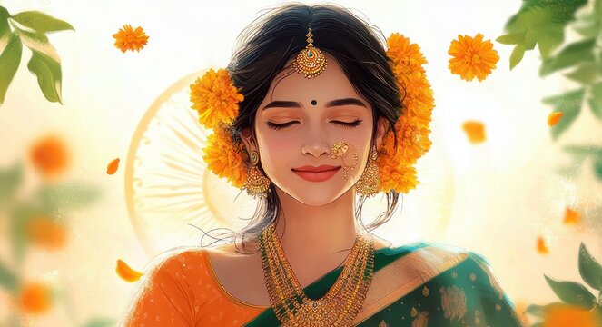 portrait of a serene woman in green and orange sari adorned with marigold flowers and layered gold necklaces, warm backlight, floating petals and leafy halo creating a peaceful festive mood