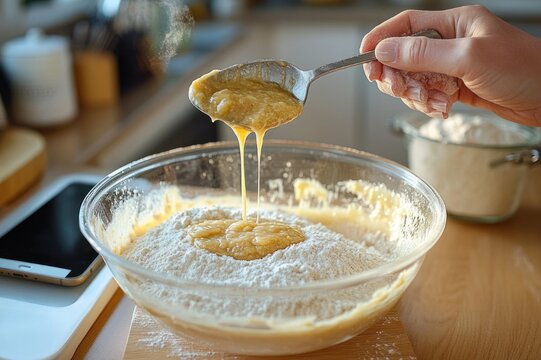 hand spooning wet batter into a glass mixing bowl of flour on a wooden counter with a flour sifter and smartphone, cozy home baking moment full of anticipation