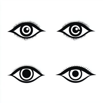 Four stylized black-and-white eye icons with lashes and concentric pupils in a 2x2 grid, minimal graphic design conveying a watchful, observant mood
