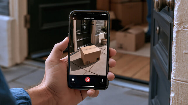 Doorbell camera view showing package delivery at the front door
