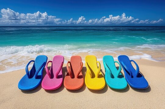 Six colorful flip-flops lined up on a sunlit sandy beach beside turquoise ocean and gentle waves under a bright blue sky with fluffy clouds, conveying cheerful relaxed summer vacation mood