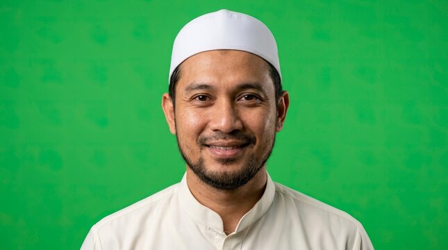 Portrait of a Happy Mature Muslim Man Wearing White Prayer Cap Isolated on Green Screen Background