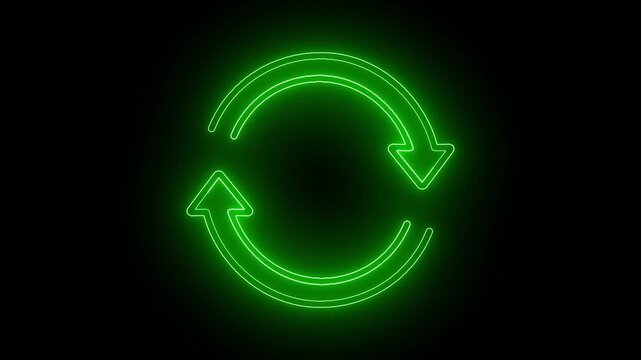 Bright glowing neon green circular refresh icon isolated on a solid black background
