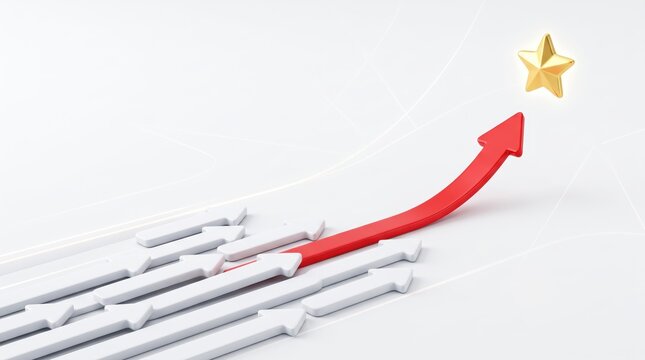 3D red arrow rising above white arrows towards gold star symbolizing business success, growth strategy, leadership, achievement goal, competitive advantage, financial profit