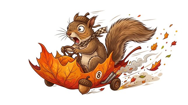 Cartoon squirrel driving a racing car made from a large orange autumn leaf, with acorn wheels and exhaust smoke on a white background