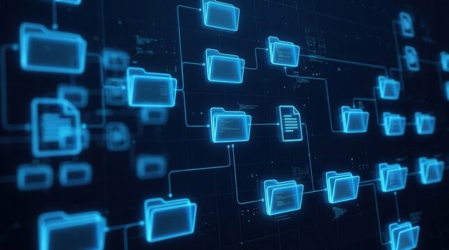 3D Rendering of a virtual file structure interface with glowing digital folders and documents on a blurred dark blue background for data organization