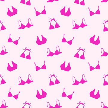 Seamless pattern with pink bikini tops and lingerie. Flat vector illustration. Summer, swimwear, underwear, beachwear, fashion. Pink bra icons.