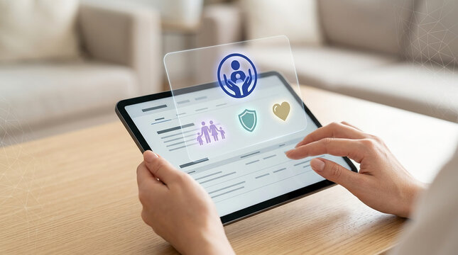 Person using a digital tablet at home to manage family health insurance plan with holographic icons representing protection, safety, and care.