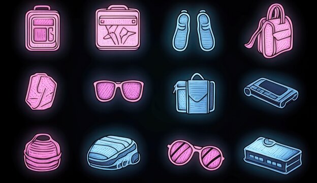 neon pink and blue travel and leisure icons showing backpacks, suitcases, sandals, hats, sunglasses, bags and portable devices with a playful retro glowing vibe