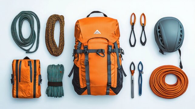 organized flat-lay of orange climbing backpack with coiled ropes, helmet, carabiners, protection devices and gear pouches evoking adventurous readiness