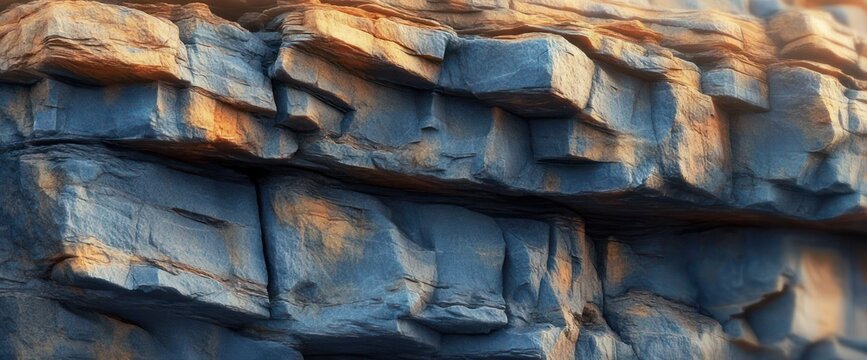 sunlit layered rock face with warm golden highlights and cool blue-gray shadows, rugged textured stone evoking quiet timeless natural strength