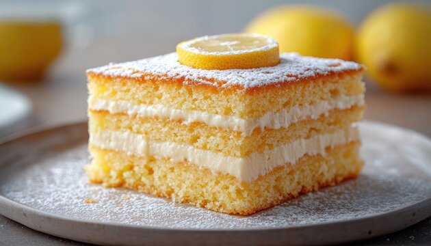 Layered lemon sponge cake slice with creamy filling, dusted with powdered sugar and topped with a lemon slice on a plate, bright and inviting