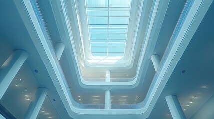 Obraz premium tranquil modern atrium with layered curved balconies, white columns and central skylight bathed in soft blue light