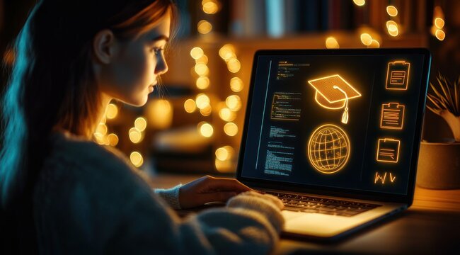 person studying at laptop with glowing graduation cap and globe icons, code and checklist on screen, warm bokeh lights and cozy evening atmosphere conveying focused determination