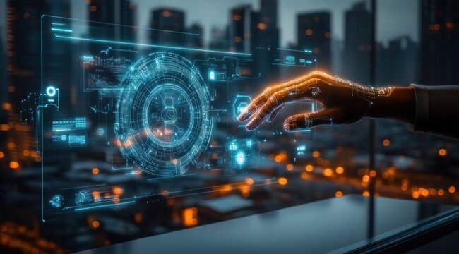 gloved hand reaching to touch glowing holographic interface over blurred nighttime city skyline, futuristic anticipation and high-tech control