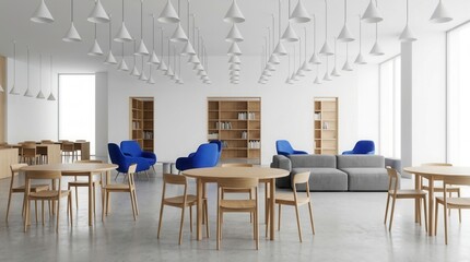 Fototapeta premium Modern library interior design with wooden bookshelves, pendant lights, round tables, and cozy blue lounge chairs in a large reading space.