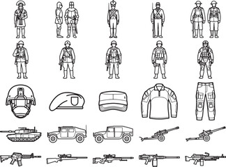 Obraz premium A collection of military icons featuring soldiers, helmets, uniforms, and weaponry, presented in a clean, graphic line art style for clear representation of defense and combat elements.