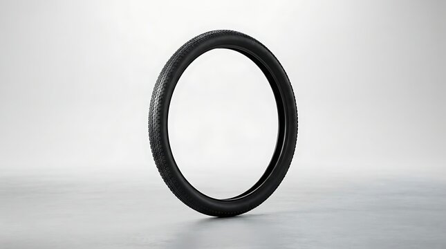 A single black rubber O-ring standing upright on a light grey surface in a studio setting.