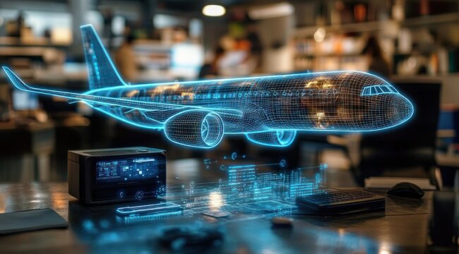 Glowing holographic wireframe passenger airplane projected above a cluttered desk with keyboard, monitor and electronics in a dim design studio, evoking futuristic innovation and focus