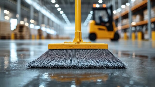 close-up of yellow broom sweeping glossy wet warehouse floor with forklift and storage racks in soft focus, conveying cleanliness and industrious calm