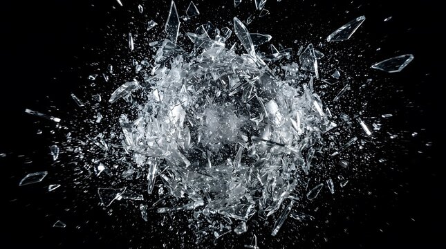 Exploding transparent glass shards shattering in the air on a black background