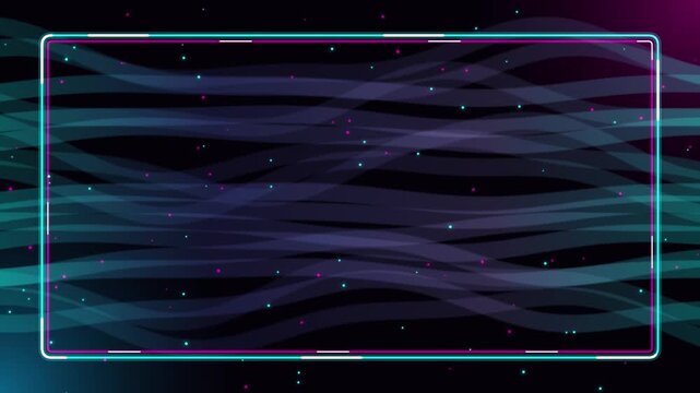 Teal and pink neon frame border with wavy ribbon background
