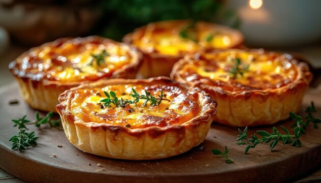 four golden mini savory tarts with melted cheese and fresh thyme on a round wooden board, rustic cozy inviting atmosphere
