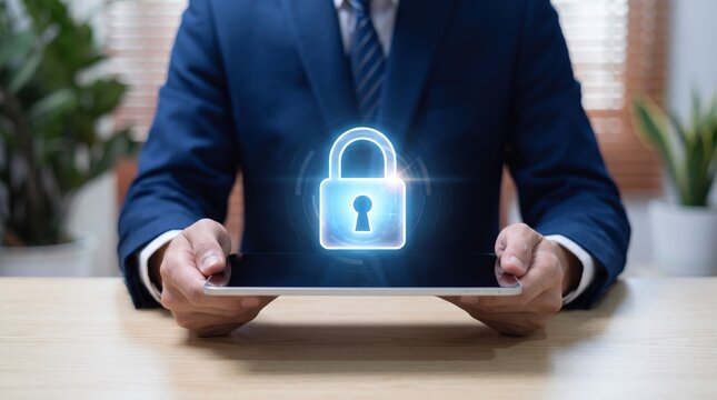 Businessman holding tablet with glowing digital padlock icon representing cybersecurity, data protection, internet safety, encryption technology, privacy, secure connection
