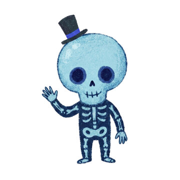 Friendly blue skeleton waving Halloween crayon illustration