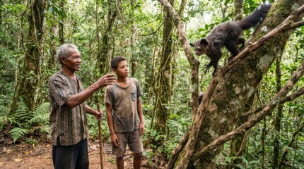 Fototapeta premium Encounter in the Emerald Jungle: An elder and a young boy observe a rare lemur perched on a branch amidst the dense, verdant foliage of a tropical rainforest.