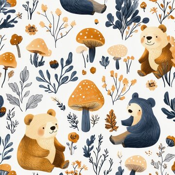 Cheerful whimsical woodland bears sitting and waving among spotted mushrooms, wildflowers, leaves and branches in a hand-drawn ochre and navy seamless pattern