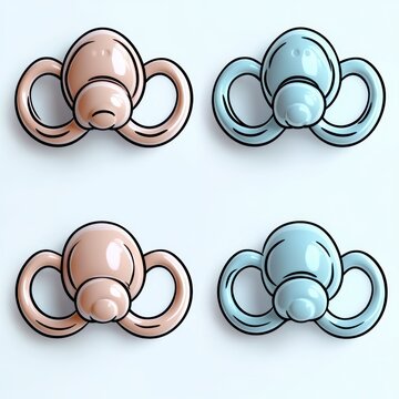 four glossy baby pacifiers in pink and blue arranged in a neat grid evoking calm caring and playful nursery comfort