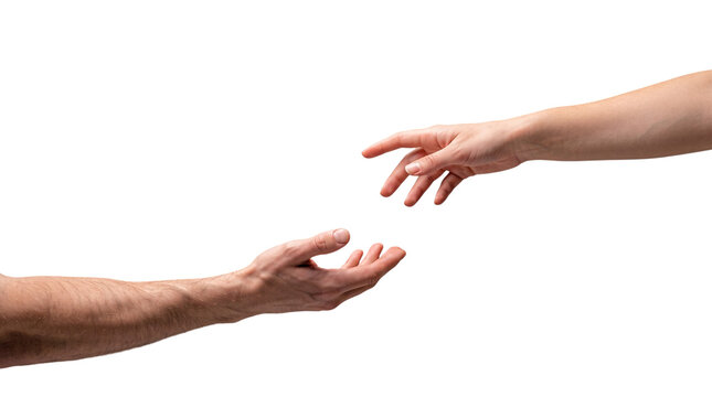 Caucasian man and woman reaching hands out towards each other